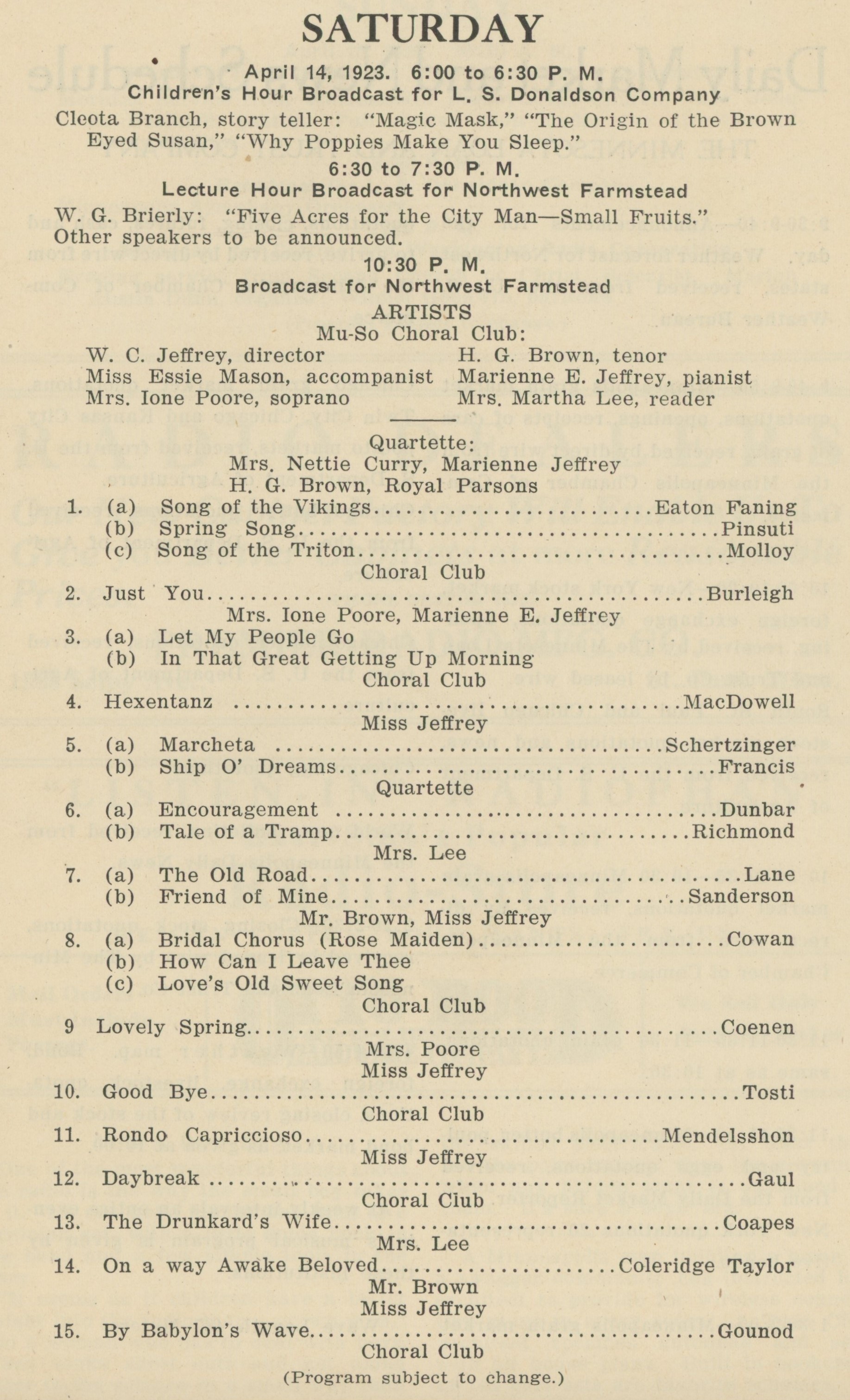 Mu-so choral club WLAG flyer 1923